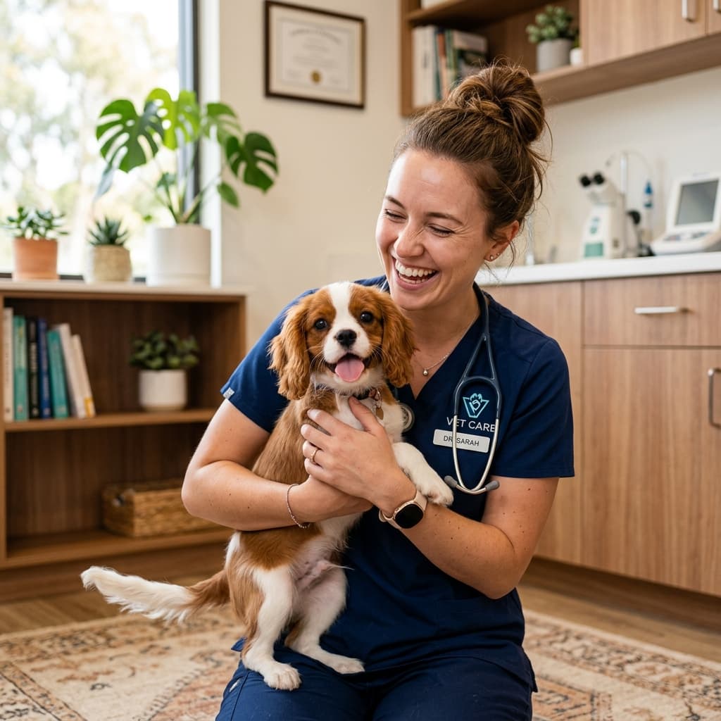 Veterinária carinhosa com cãozinho